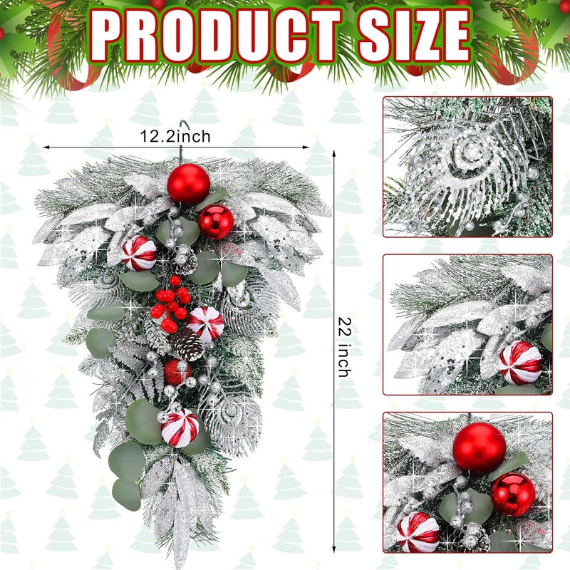 FineCheer 2 Pcs Christmas Teardrop Swags for Front Door 22 Inch Artificial Pine Swag Sliver White Mailbox Swag Decoration for Xmas Door Stair Window Fireplace Wall Shelf Hanging Decor (Berries) - Image 2